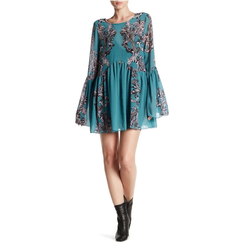 Free People Symphony Printed Bell Sleeve Slip Dress